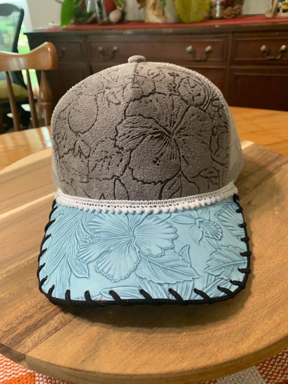Floral Embossed Trucker Hat in Gray and Light Blue